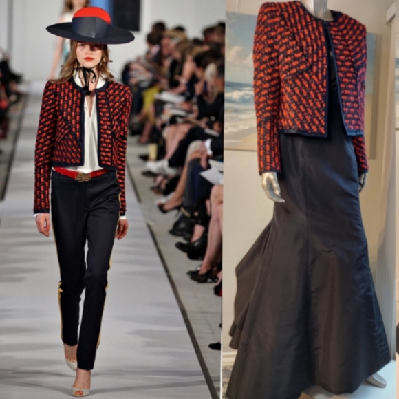 *$2,500 OSCAR DE LA RENTA PICASSO EXCLUSIVE TWEED SILK LINED RUNWAY JACKET US 12 - Picture 2 of 15